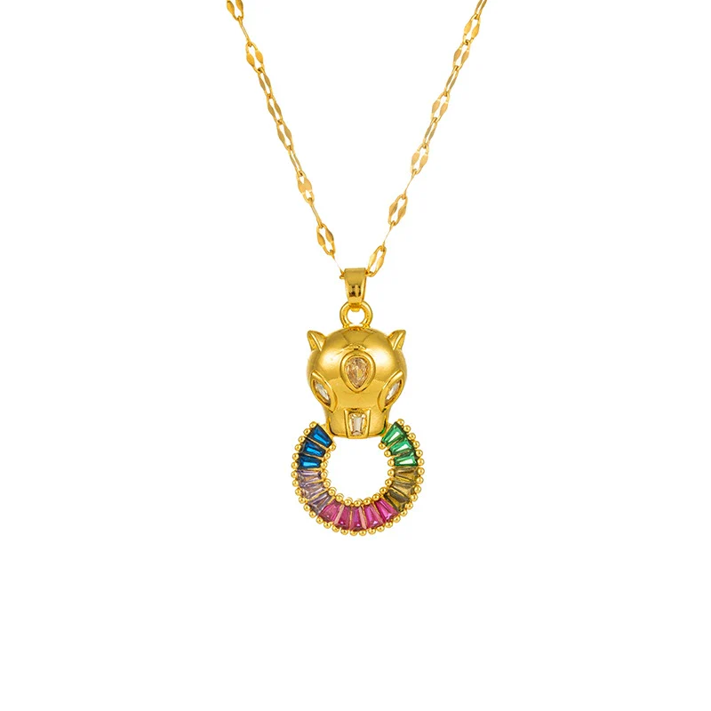 Women's Titanium Steel Geometric Diamondencrusted Leopard Pendant Jewelry Necklace - Image 3