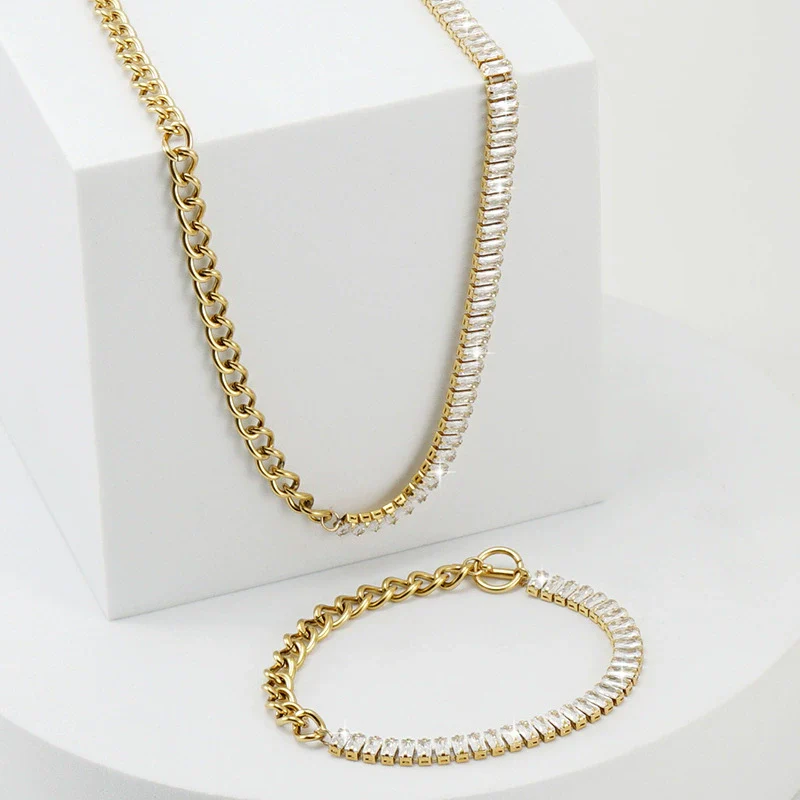 Women's 316L Stainless Steel Geometric Jewelry Necklace And Ot Buckle Ochain Bracelet With Electroplating - Image 3