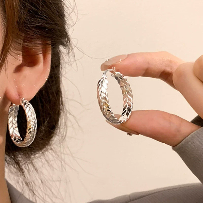 Women's Titanium Steel Geometric Pattern Polished Wheat Ear Woven Elegant Earrings