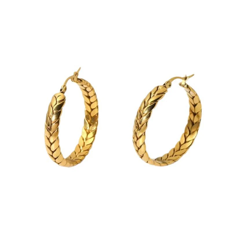 Women's Titanium Steel Geometric Pattern Polished Wheat Ear Woven Elegant Earrings - Image 5