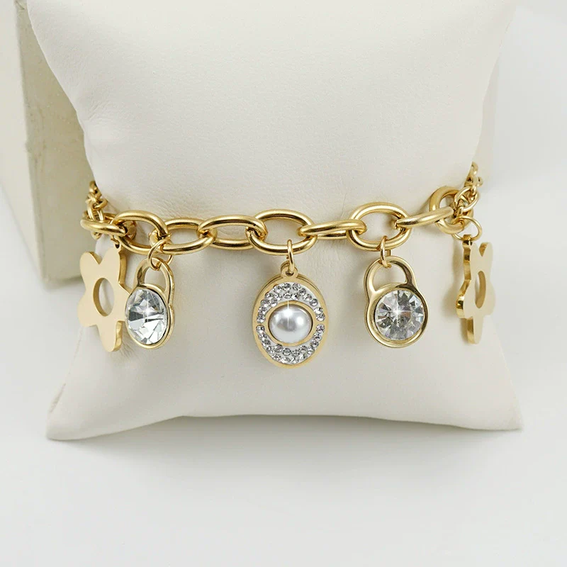 Women's 316L Stainless Steel Jewelry Fashion Allmatch Geometric Fourleaf Clover Electroplated Sticky Drill Bracelet With Pearl - Image 2
