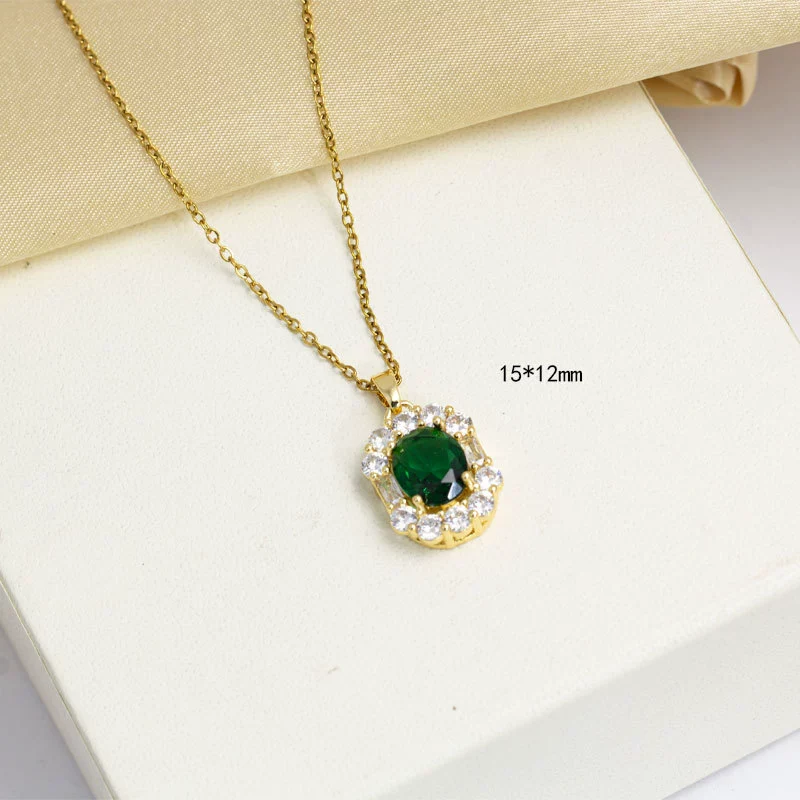 Women's Titanium Steel Jewelry With Geometric Mixed Gemstone Pendant And O Word Chain Light Luxury Style Electroplated - Image 2