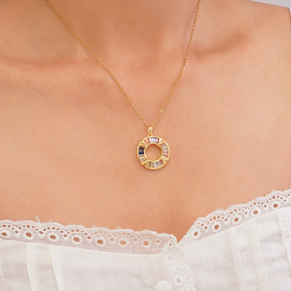 Women's Titanium Steel Necklace With Colorful Zircon Donut Pendant Copper Electroplating Geometric Pattern Light Luxury Style - Image 11