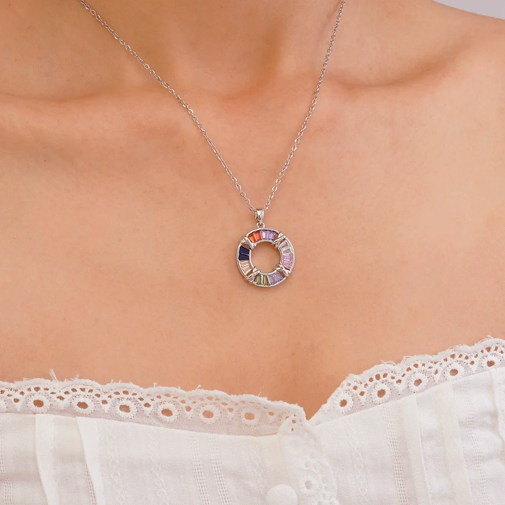 Women's Titanium Steel Necklace With Colorful Zircon Donut Pendant Copper Electroplating Geometric Pattern Light Luxury Style - Image 12