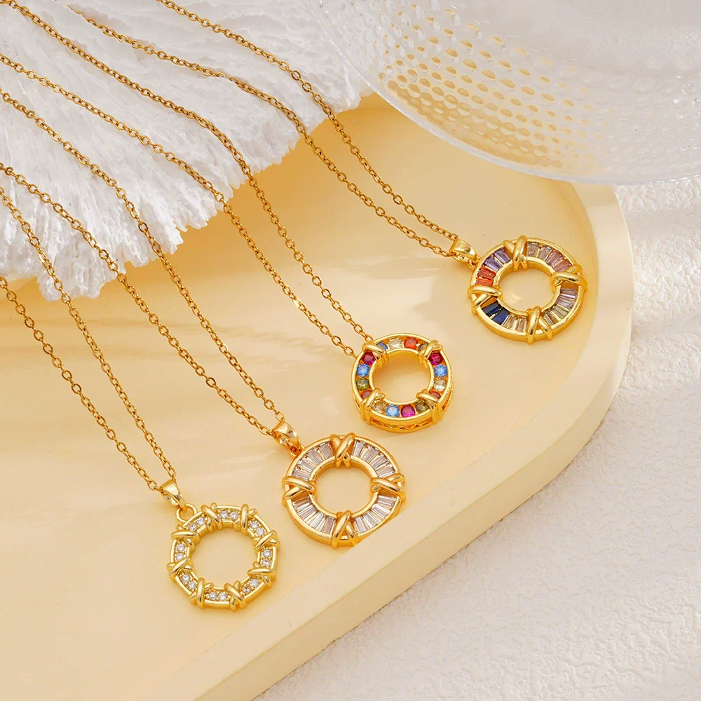 Women's Titanium Steel Necklace With Colorful Zircon Donut Pendant Copper Electroplating Geometric Pattern Light Luxury Style - Image 3