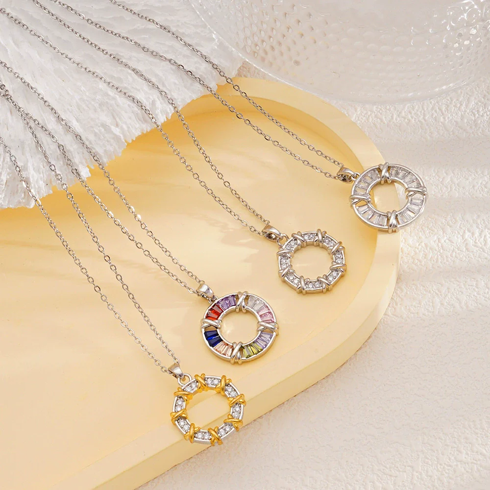Women's Titanium Steel Necklace With Colorful Zircon Donut Pendant Copper Electroplating Geometric Pattern Light Luxury Style - Image 4