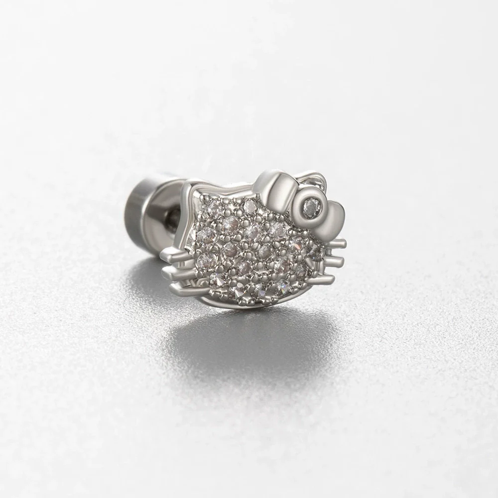 Women's Titanium Steel Princess Style Earrings With Inlaid Zircon Bow Kitten Saturn Crown Shapes - Image 2