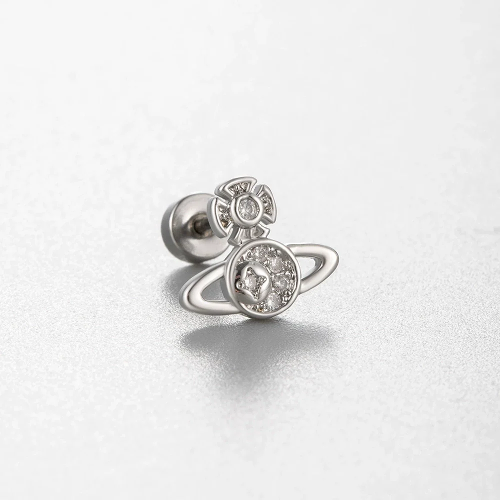 Women's Titanium Steel Princess Style Earrings With Inlaid Zircon Bow Kitten Saturn Crown Shapes - Image 7