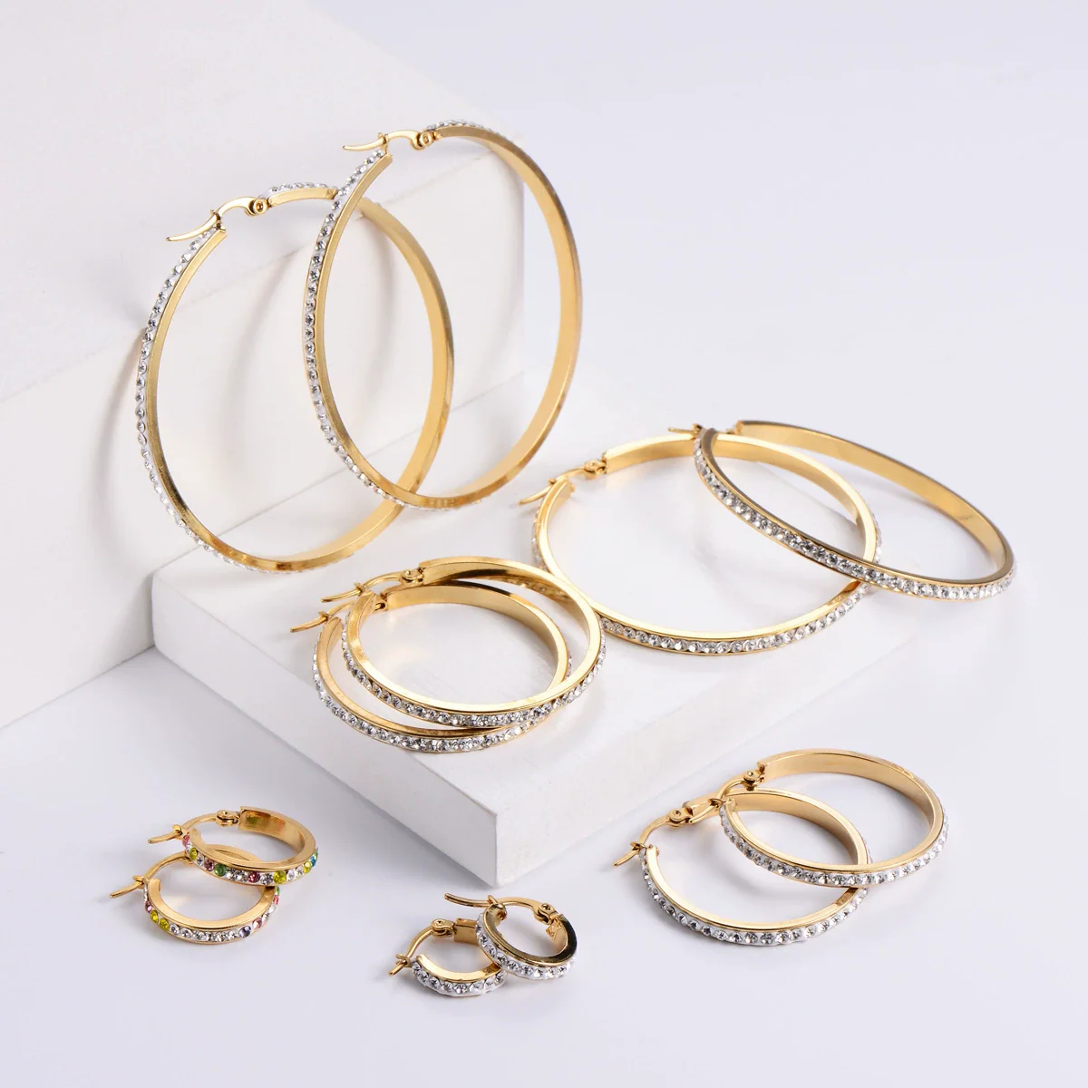 Women's Titanium Steel Square Round Wave Rhinestone Diamondencrusted Electroplated Earrings Jewelry - Image 3