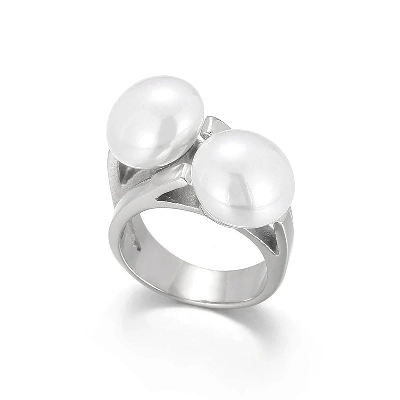 Women's Trendy Retro Personality Stainless Steel And Pearl Ring With Electroplating Treatment - Image 7