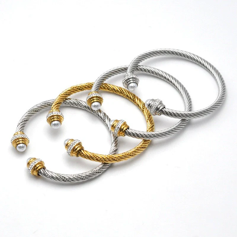 Women's Trendy Titanium Steel And Stainless Steel Cshaped Elastic Twist Wire Rope Bracelet Set With Diamonds