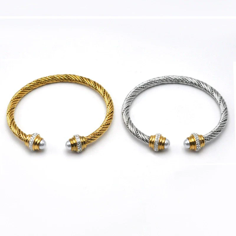 Women's Trendy Titanium Steel And Stainless Steel Cshaped Elastic Twist Wire Rope Bracelet Set With Diamonds - Image 2