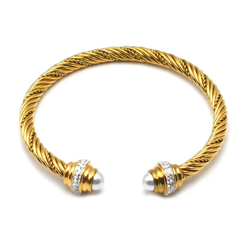 Women's Trendy Titanium Steel And Stainless Steel Cshaped Elastic Twist Wire Rope Bracelet Set With Diamonds - Image 5