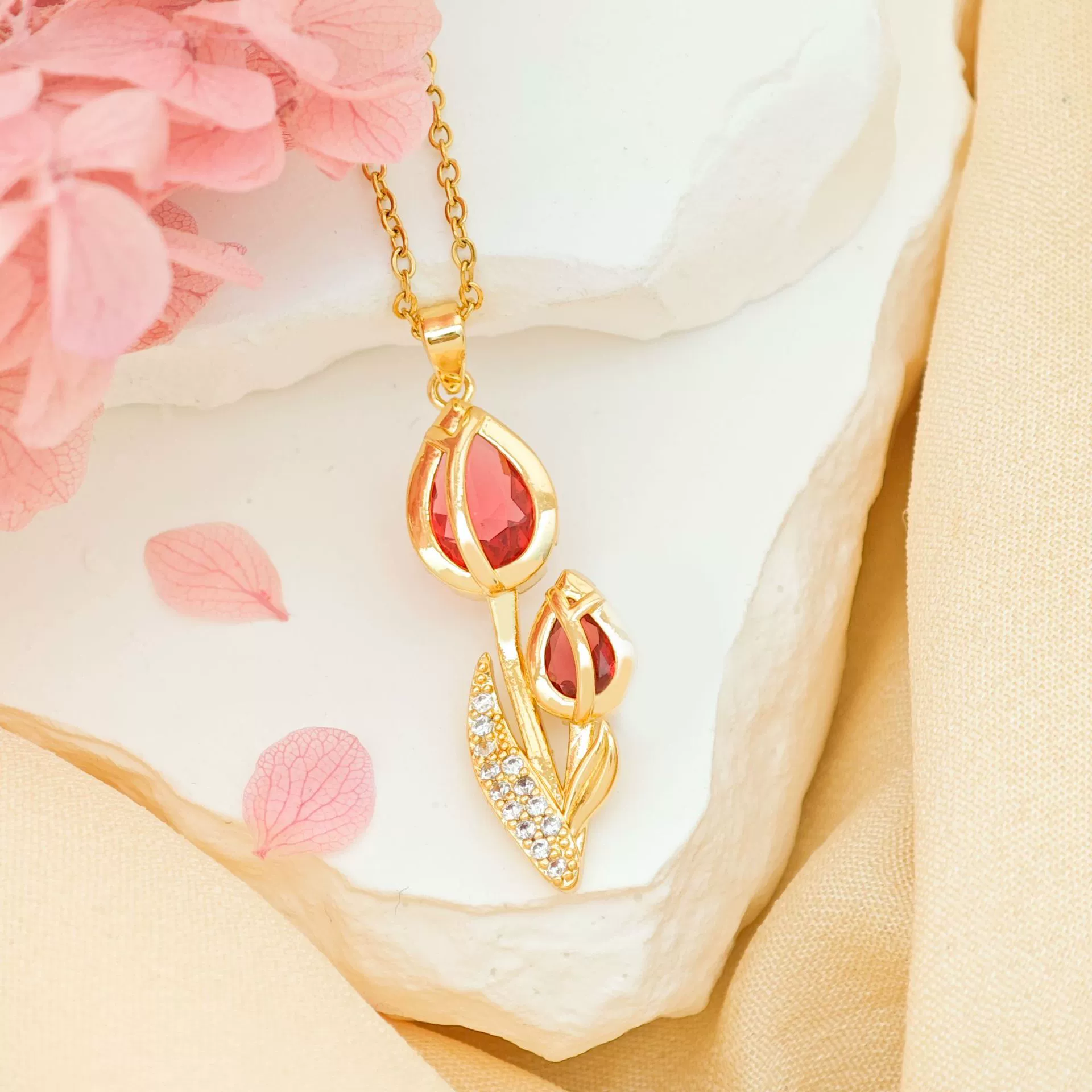 Women's Tulip Zircon Flower Necklace Titanium Steel Copper Real Gold Plated Cross Chain Sweet Style - Image 11