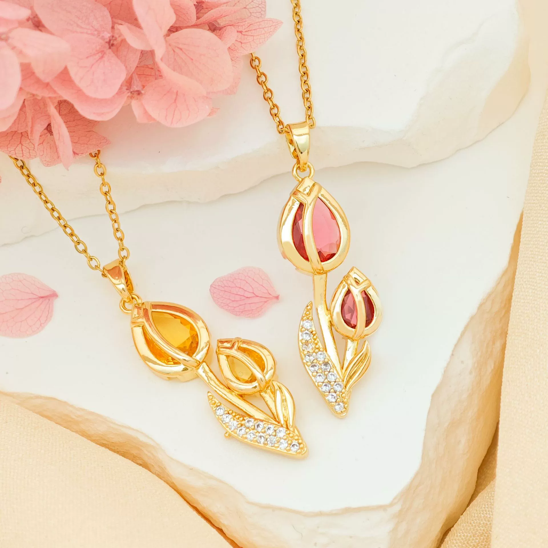 Women's Tulip Zircon Flower Necklace Titanium Steel Copper Real Gold Plated Cross Chain Sweet Style - Image 3