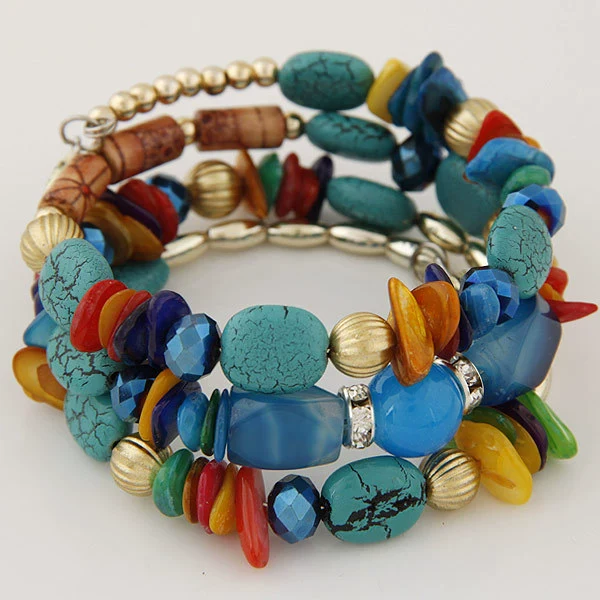Women's Vintage Bohemian Ethnic Alloy Wooden Beaded Shell Gravel Crystal Elastic Handmade Geometric Electroplated Bracelet - Image 11