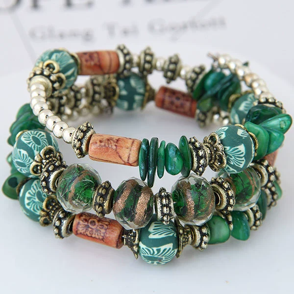 Women's Vintage Bohemian Ethnic Alloy Wooden Beaded Shell Gravel Crystal Elastic Handmade Geometric Electroplated Bracelet - Image 12