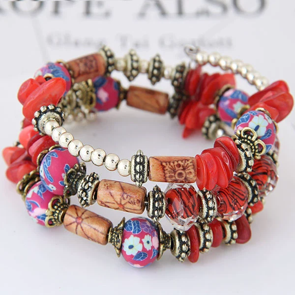 Women's Vintage Bohemian Ethnic Alloy Wooden Beaded Shell Gravel Crystal Elastic Handmade Geometric Electroplated Bracelet - Image 15