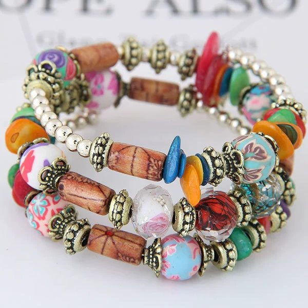 Women's Vintage Bohemian Ethnic Alloy Wooden Beaded Shell Gravel Crystal Elastic Handmade Geometric Electroplated Bracelet - Image 17