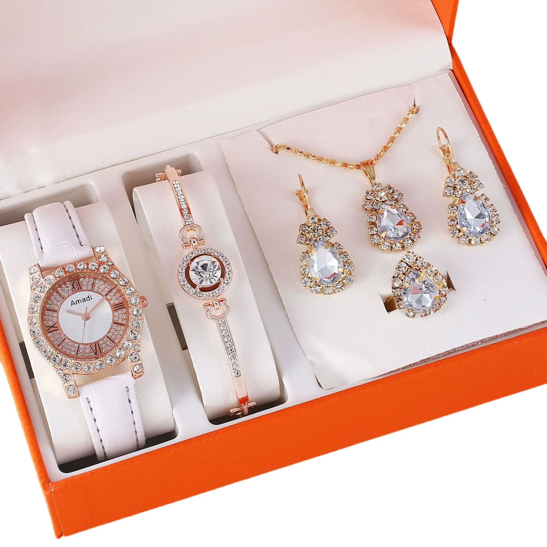 Women's Watch And Jewelry Set Alloy Gold Imitation Leather Round Dial Luxury Style - Image 2