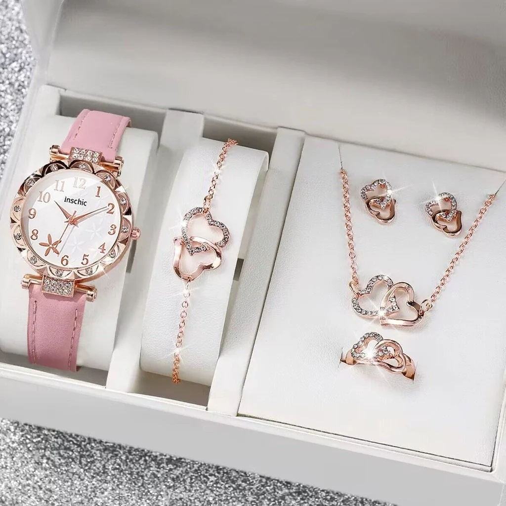 Women's Watch Fivepiece Set Alloy Case Imitation Leather Strap Round Dial Casual Style Rhinestone Love Jewelry Gift Suit