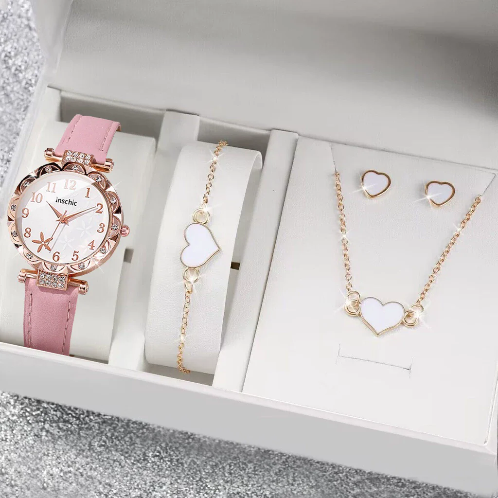 Women's Watch Fivepiece Set Alloy Case Imitation Leather Strap Round Dial Casual Style Rhinestone Love Jewelry Gift Suit - Image 10