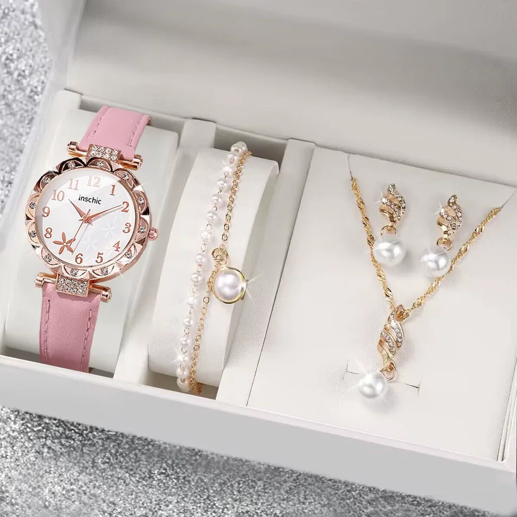 Women's Watch Fivepiece Set Alloy Case Imitation Leather Strap Round Dial Casual Style Rhinestone Love Jewelry Gift Suit - Image 11