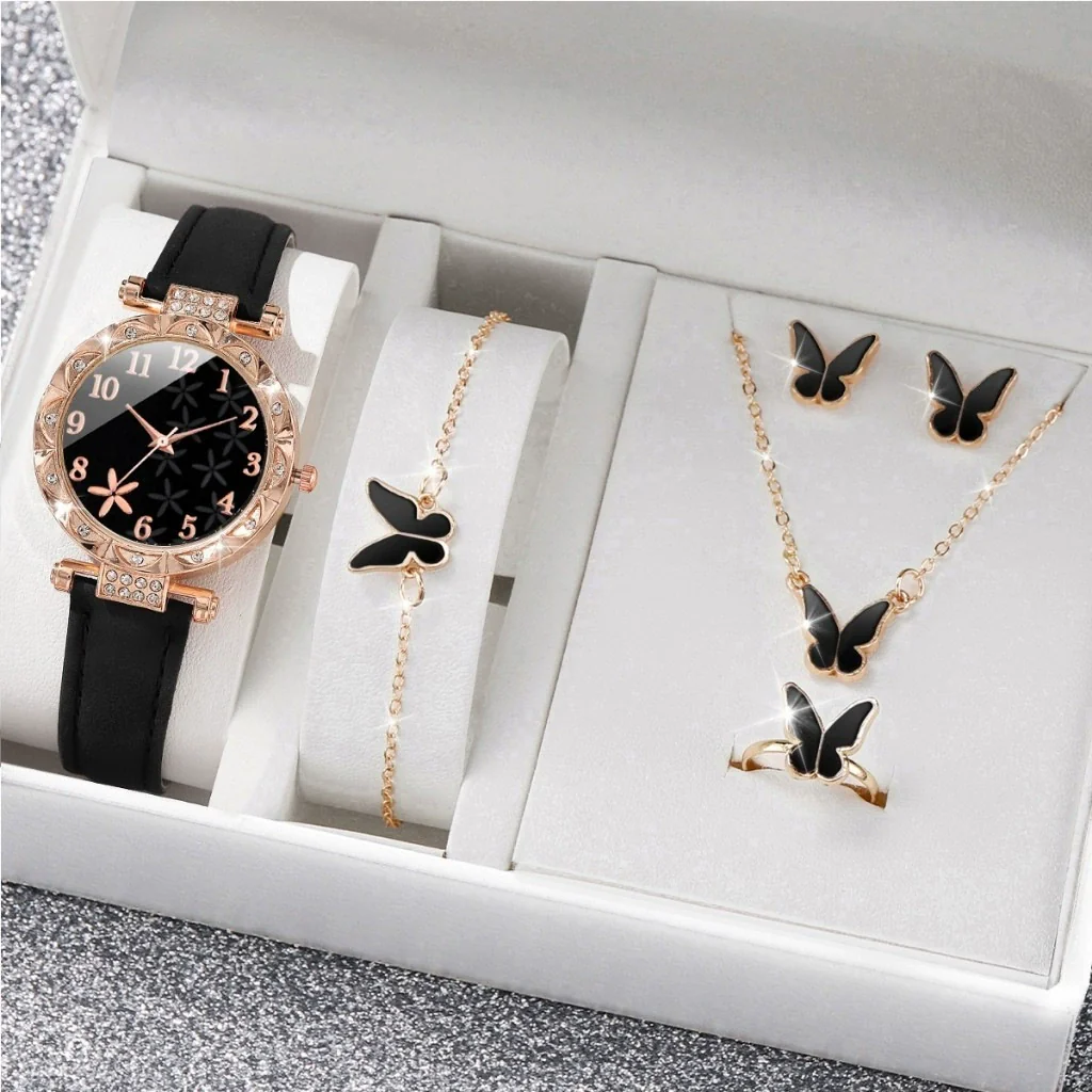 Women's Watch Fivepiece Set Alloy Case Imitation Leather Strap Round Dial Casual Style Rhinestone Love Jewelry Gift Suit - Image 12