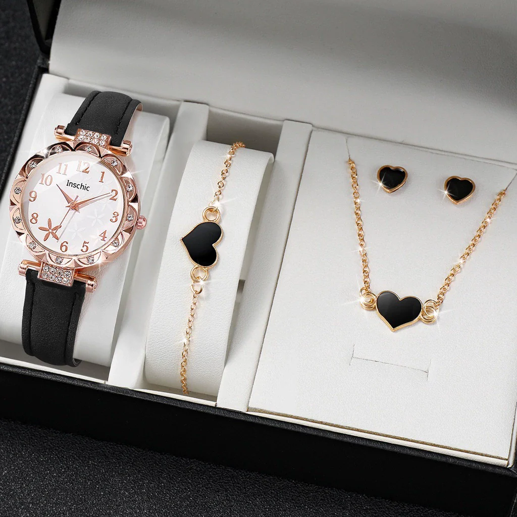 Women's Watch Fivepiece Set Alloy Case Imitation Leather Strap Round Dial Casual Style Rhinestone Love Jewelry Gift Suit - Image 13