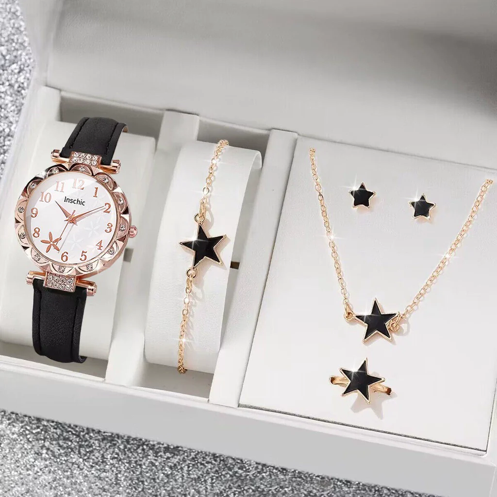 Women's Watch Fivepiece Set Alloy Case Imitation Leather Strap Round Dial Casual Style Rhinestone Love Jewelry Gift Suit - Image 14