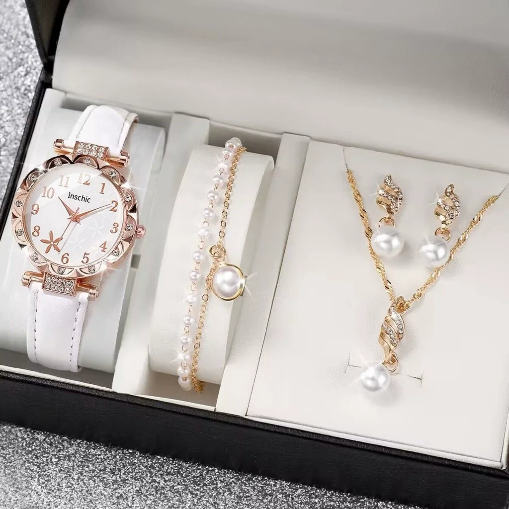 Women's Watch Fivepiece Set Alloy Case Imitation Leather Strap Round Dial Casual Style Rhinestone Love Jewelry Gift Suit - Image 2