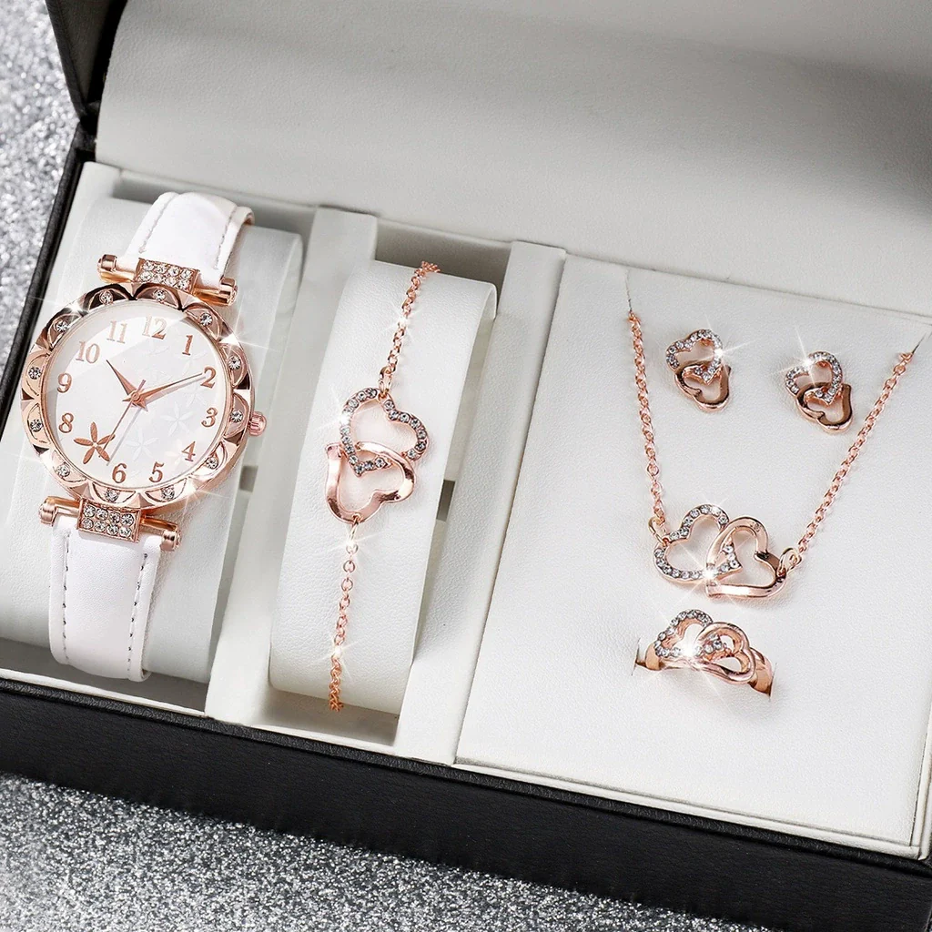 Women's Watch Fivepiece Set Alloy Case Imitation Leather Strap Round Dial Casual Style Rhinestone Love Jewelry Gift Suit - Image 3