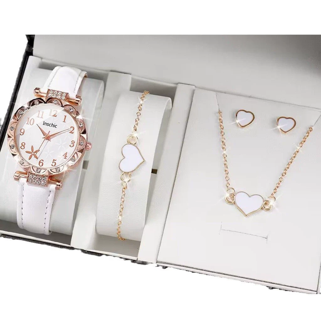 Women's Watch Fivepiece Set Alloy Case Imitation Leather Strap Round Dial Casual Style Rhinestone Love Jewelry Gift Suit - Image 5