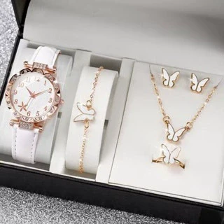 Women's Watch Fivepiece Set Alloy Case Imitation Leather Strap Round Dial Casual Style Rhinestone Love Jewelry Gift Suit - Image 7