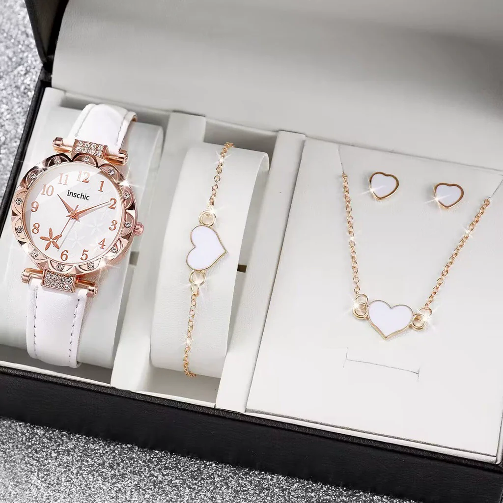 Women's Watch Fivepiece Set Alloy Case Imitation Leather Strap Round Dial Casual Style Rhinestone Love Jewelry Gift Suit - Image 8