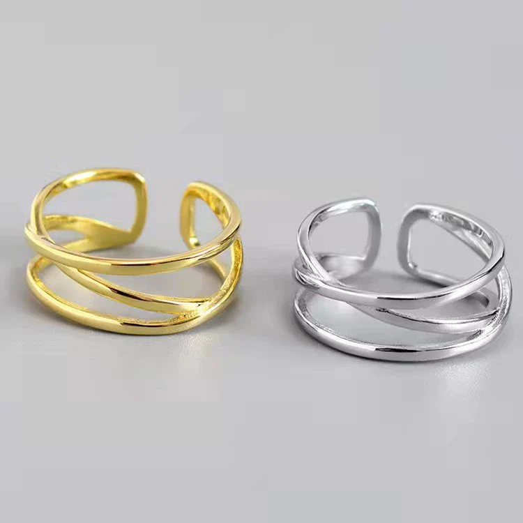 Women's White Copper Geometric Doublelayer Open Line Hollow Woven Wave Ring Hand Jewelry