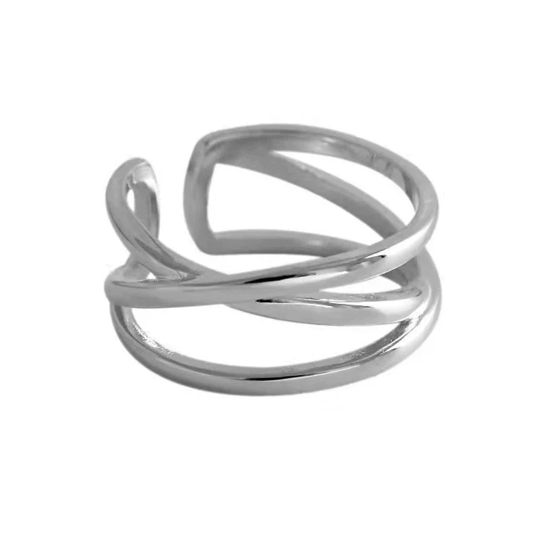 Women's White Copper Geometric Doublelayer Open Line Hollow Woven Wave Ring Hand Jewelry - Image 5