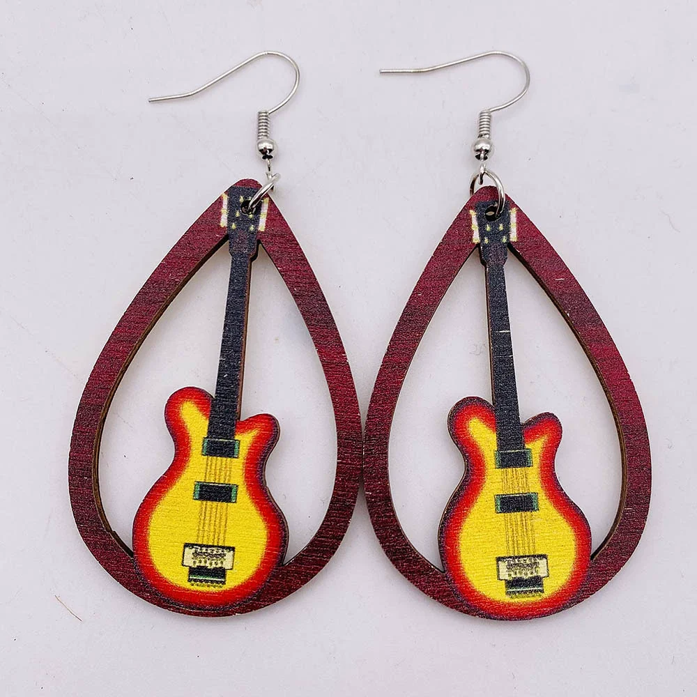 Wooden Hollow Electronic Guitar Earrings Handmade With Ushaped Drop Shape Geometric Pattern For Women - Image 13