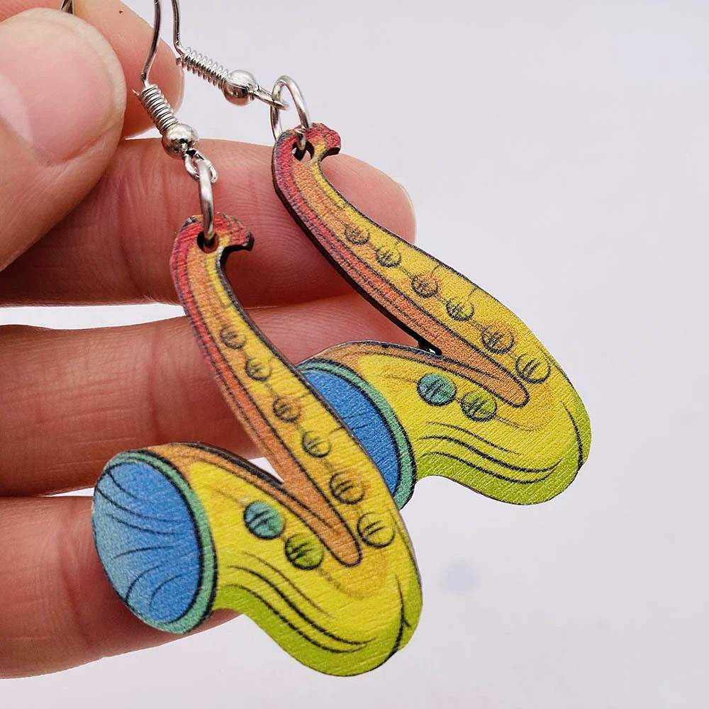 Wooden Hollow Electronic Guitar Earrings Handmade With Ushaped Drop Shape Geometric Pattern For Women - Image 3
