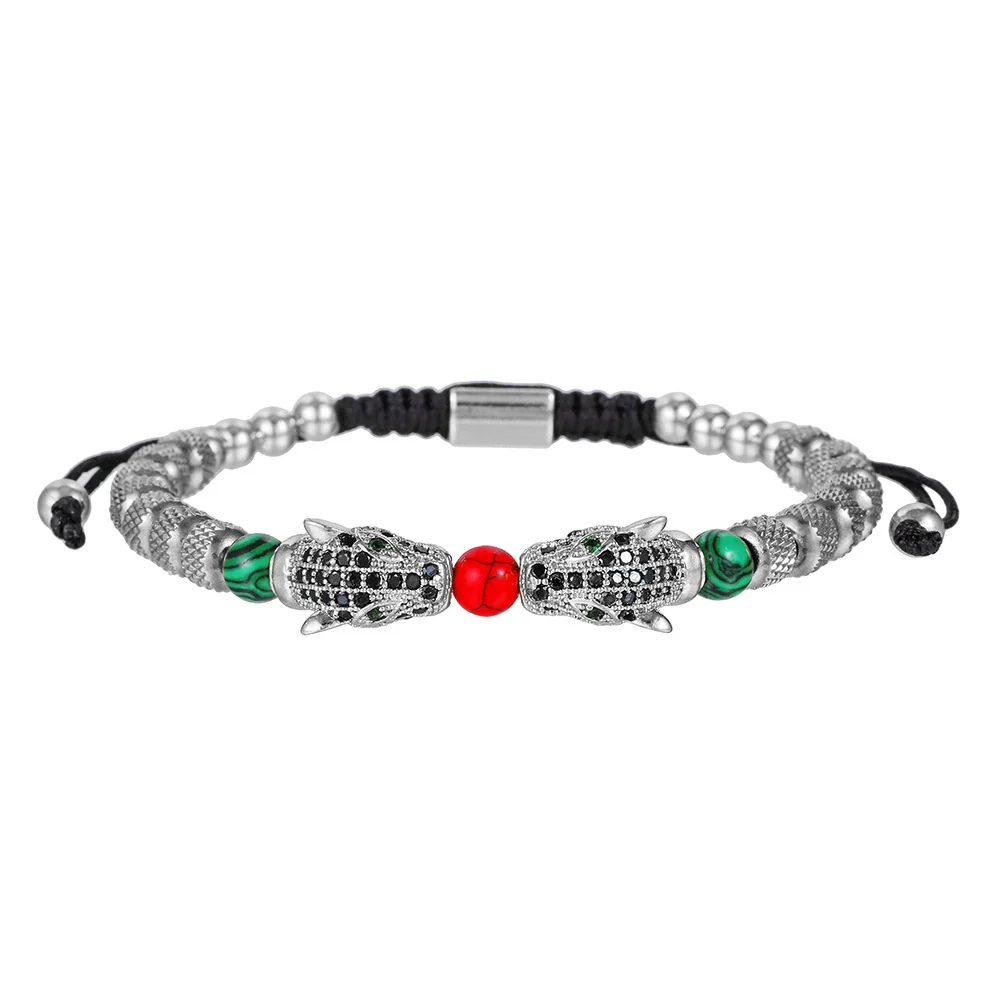 Woven Stainless Steel Copper Stone Geometric Leopard Head Electroplated Unisex Bracelet - Image 4