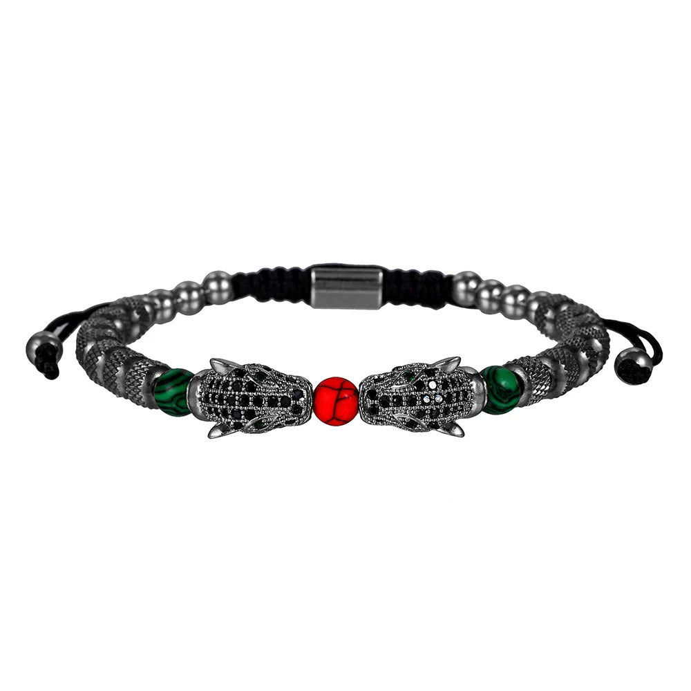 Woven Stainless Steel Copper Stone Geometric Leopard Head Electroplated Unisex Bracelet - Image 5