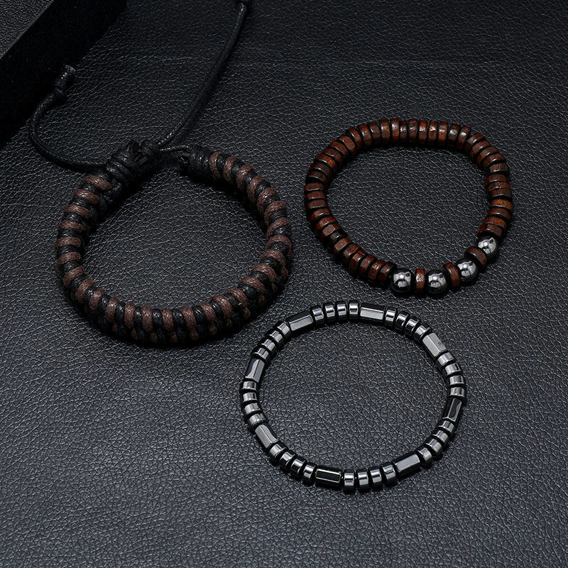 Yoga Bracelet Wooden Beads Black Stone Magnet Hand Knitted Geometric British Retro Style Men's Woven Adjustable - Image 3