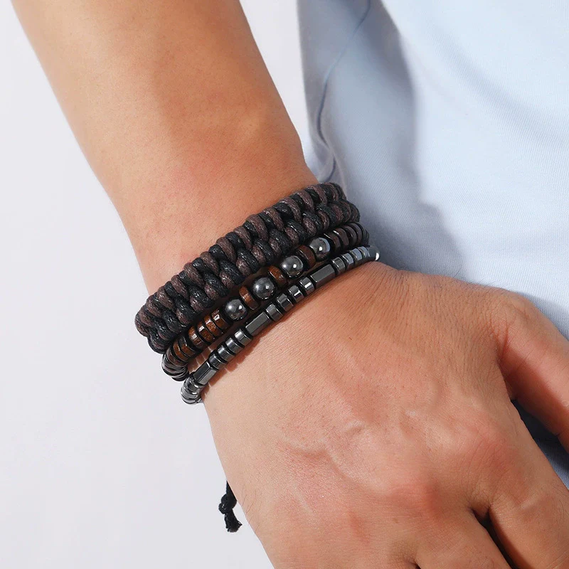 Yoga Bracelet Wooden Beads Black Stone Magnet Hand Knitted Geometric British Retro Style Men's Woven Adjustable - Image 4
