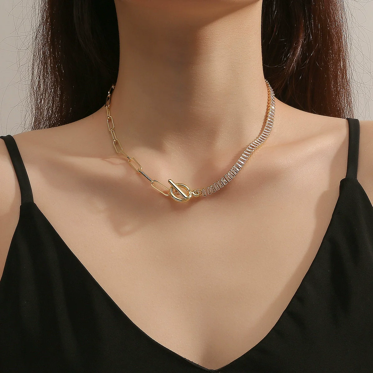 Zircon Necklace Mixed Gem Inlay Electroplating Ochain Geometric Rhombus Simple Style For Women